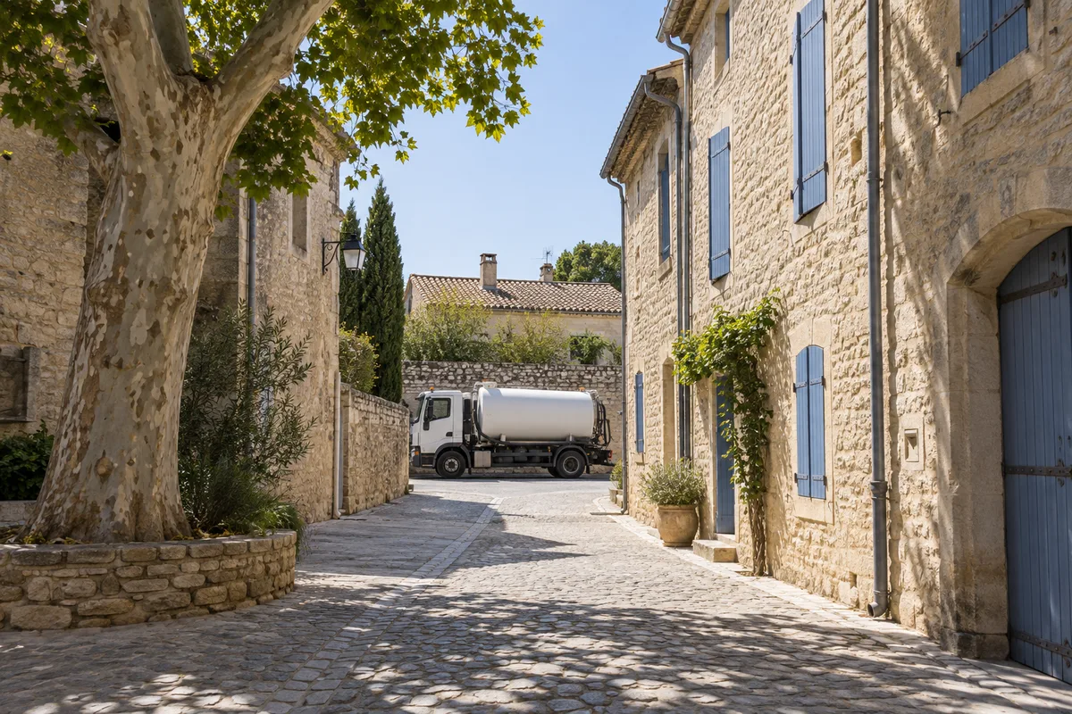 Camion de vidange à citerne unie stationné au loin dans une ruelle de village méditerranéen
