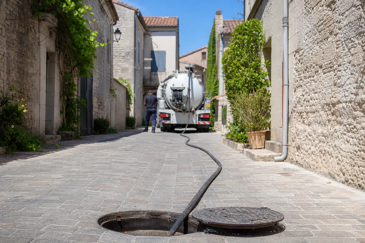 Camion d&rsquo;hydrocurage stationné dans une ruelle de village, tuyau haute pression déroulé vers un regard