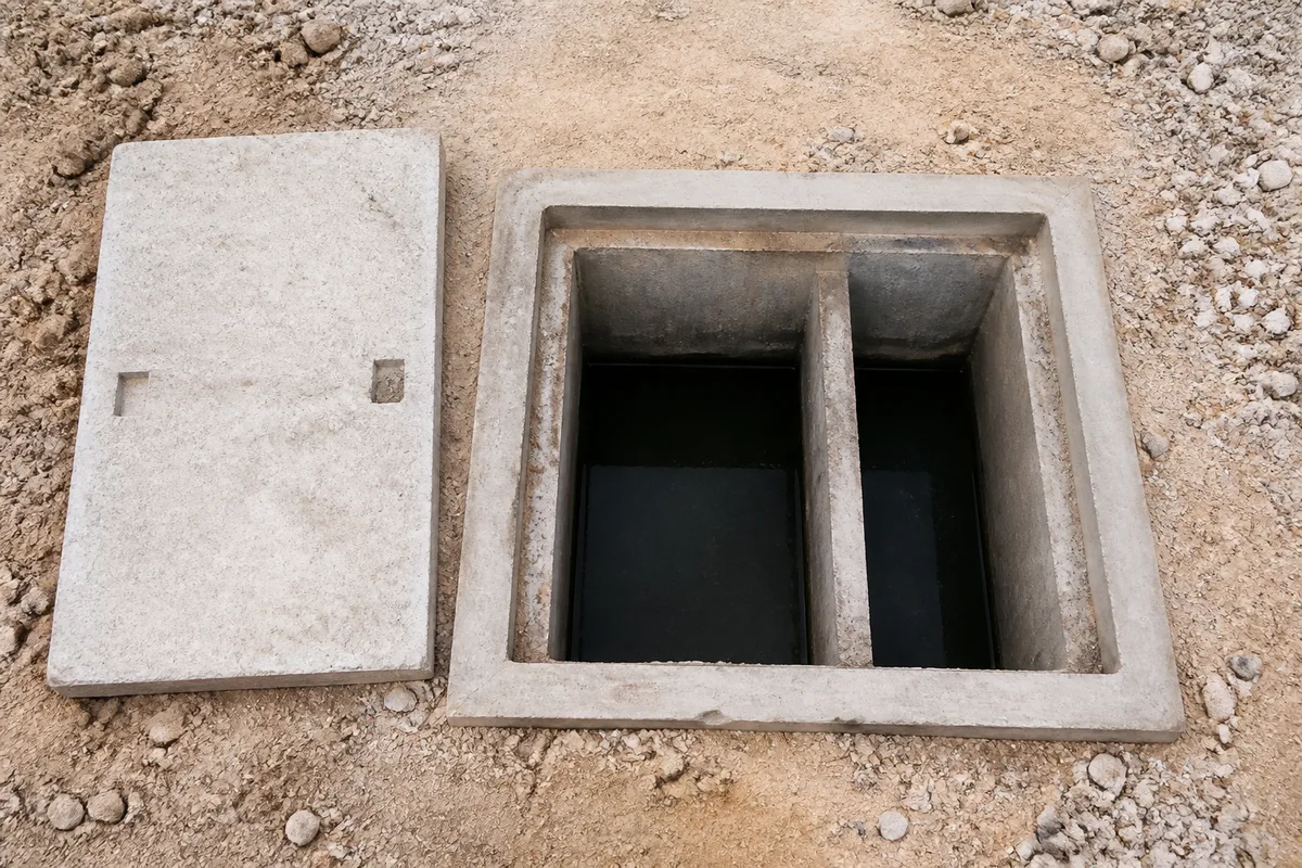 Regard de fosse ouvert dans un jardin caillouteux, montrant la cloison intérieure de la cuve et l&rsquo;eau sombre