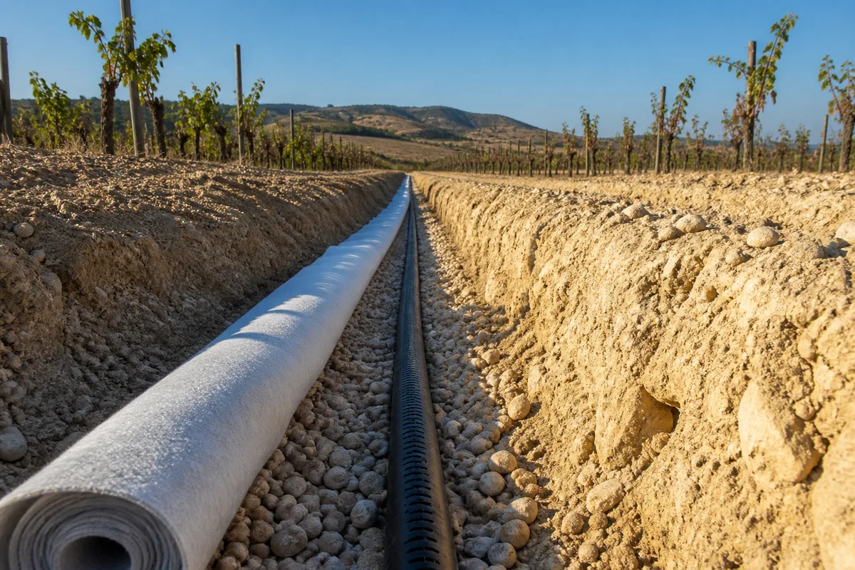 Tranchée d&rsquo;épandage ouverte dans un sol argilo-calcaire, drain posé sur lit de graviers lavés, vignes en arrière-plan