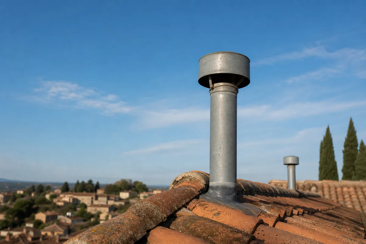 Extracteur de ventilation secondaire dépassant du faîtage d&rsquo;un toit en tuiles rondes méditerranéennes