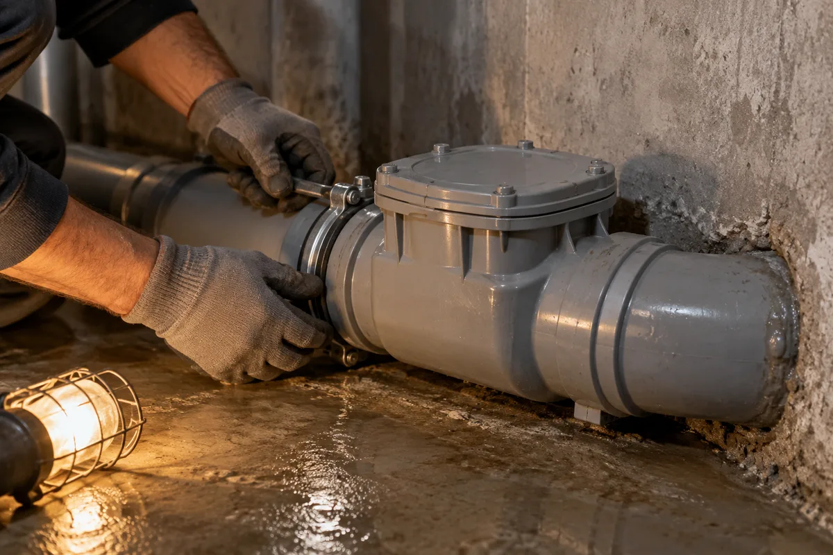 Clapet anti-retour sur une canalisation en PVC gris dans un sous-sol en béton, serré par des mains gantées