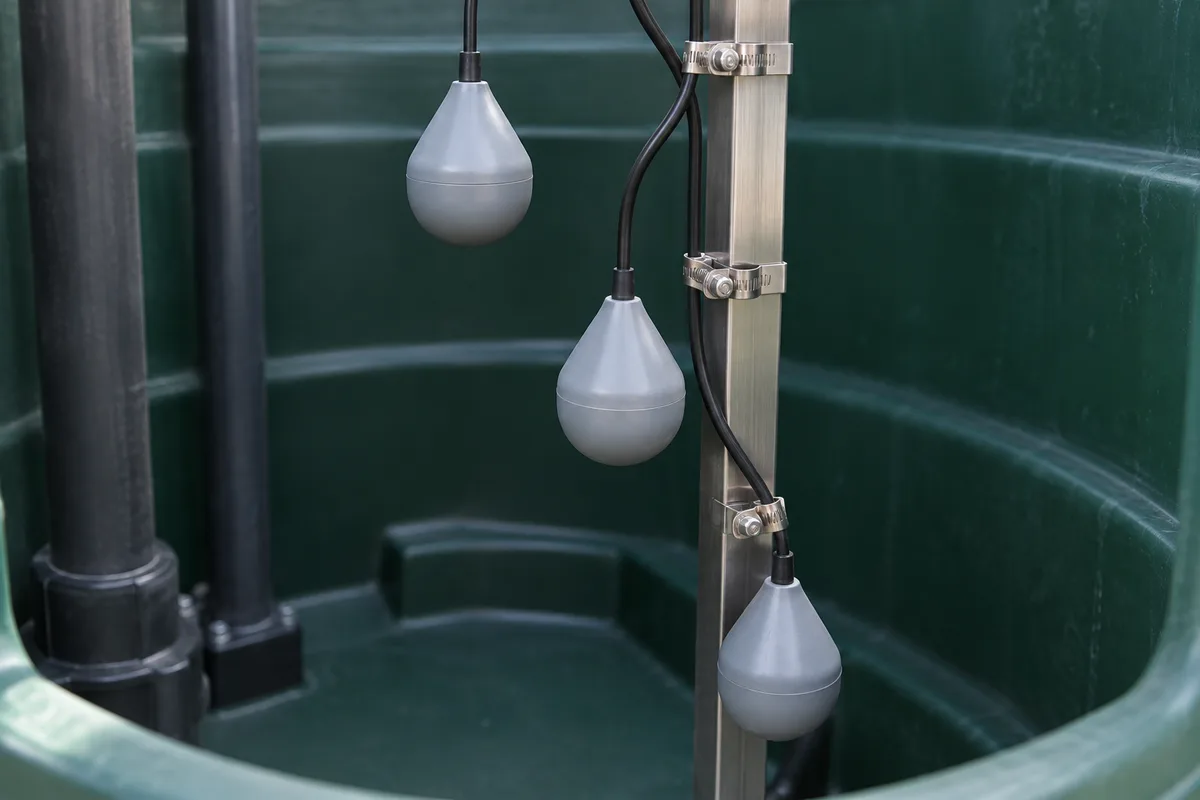 Flotteurs à poire suspendus à une barre inox à l’intérieur d’une cuve de relevage propre