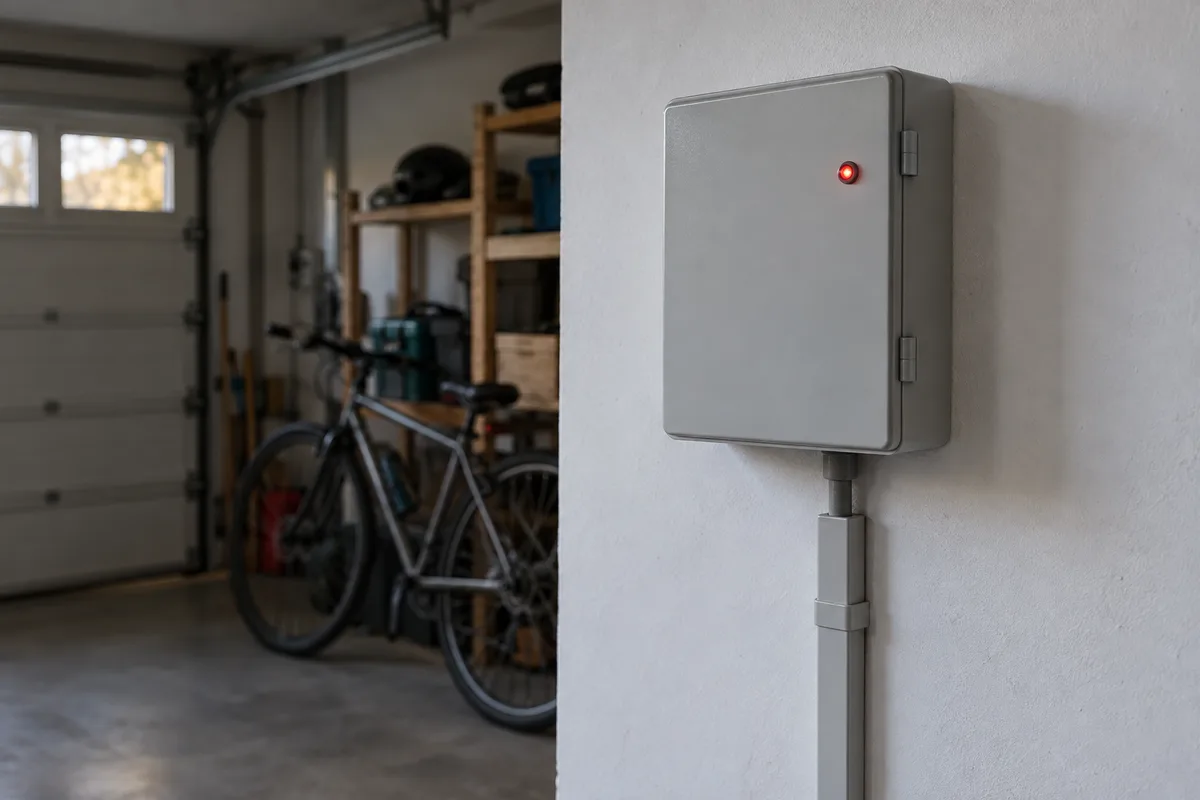 Coffret de commande gris fermé fixé au mur d’un garage, voyant rouge d’alarme allumé