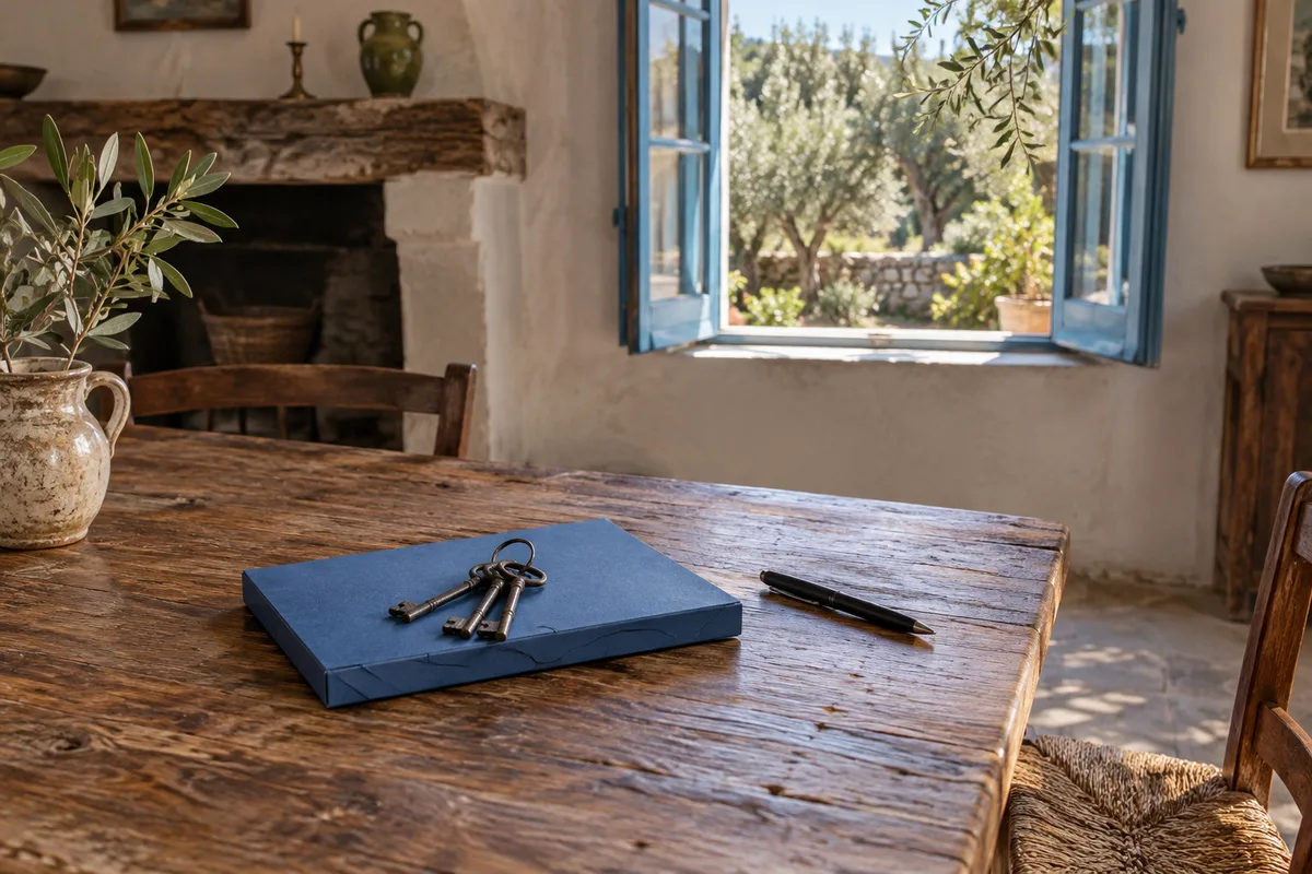 Pochette de documents fermée et trousseau de clés anciennes sur une table en bois de maison de village