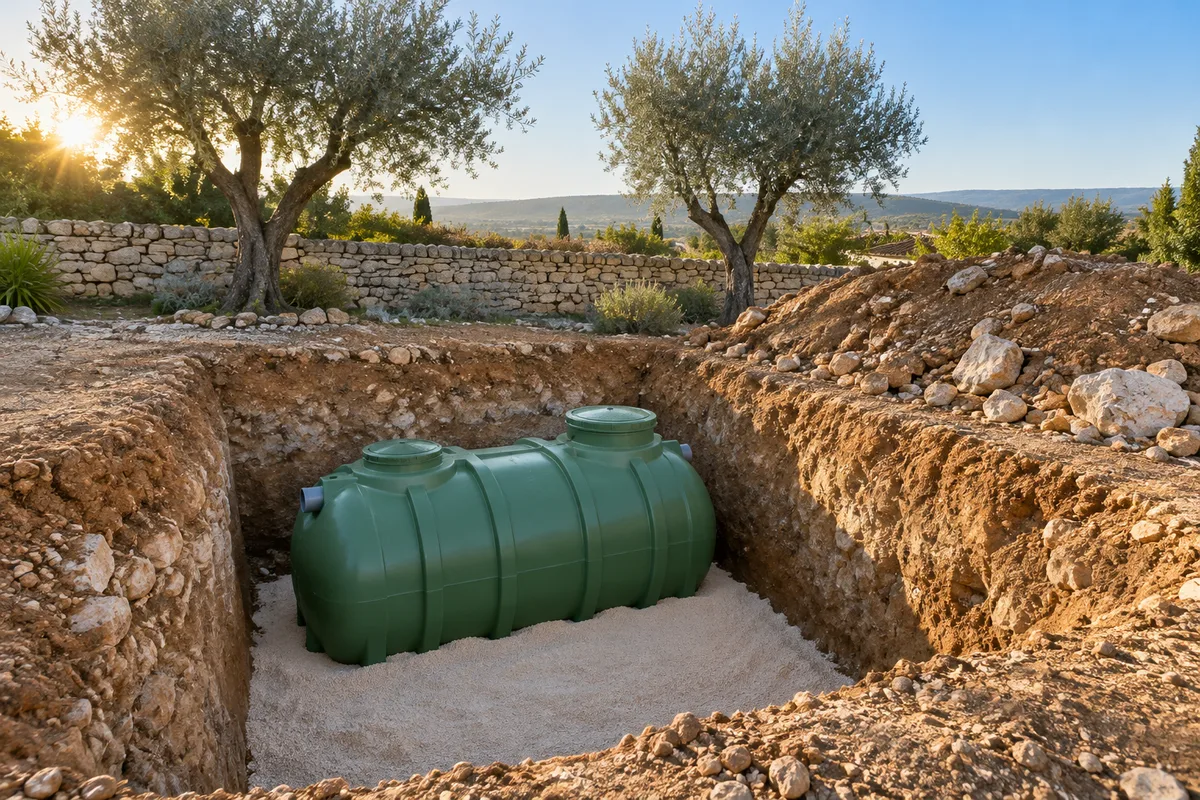 Cuve de fosse toutes eaux posée sur un lit de sable au fond d&rsquo;une fouille dans un jardin caillouteux