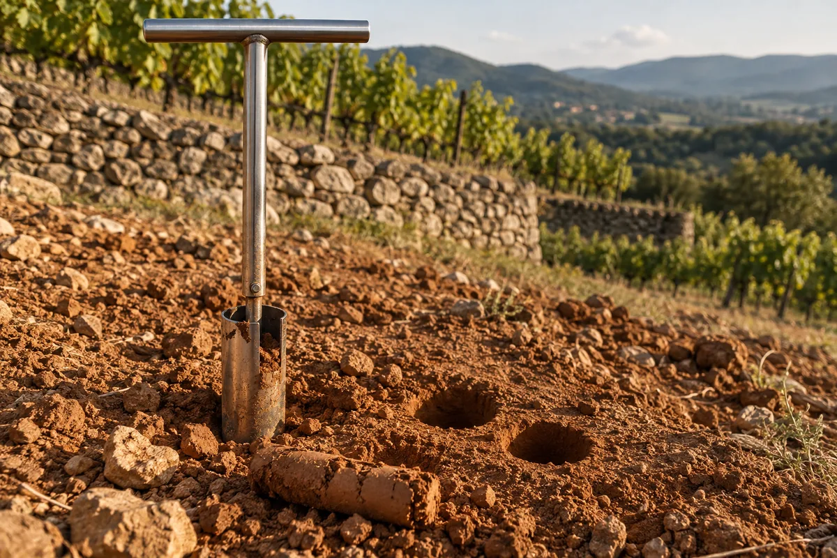 Tarière manuelle plantée dans la terre ocre d&rsquo;une parcelle en terrasses pour une étude de sol