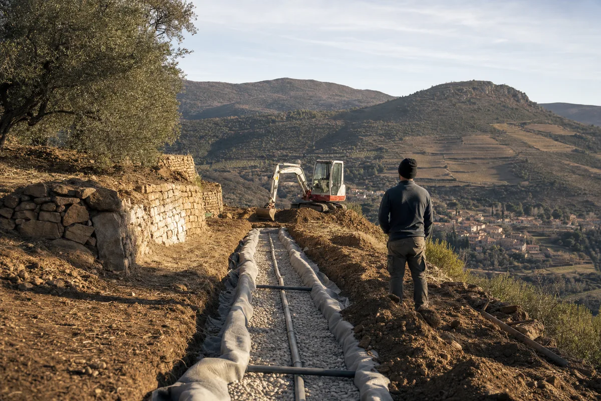Terrain viticole en restanques dans les hauts cantons héraultais avec tranchée d’épandage fraîchement creusée