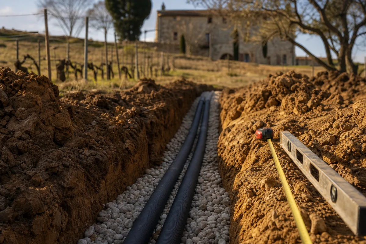 Tranchée d&rsquo;épandage ouverte avec drains et graviers dans un jardin du Biterrois