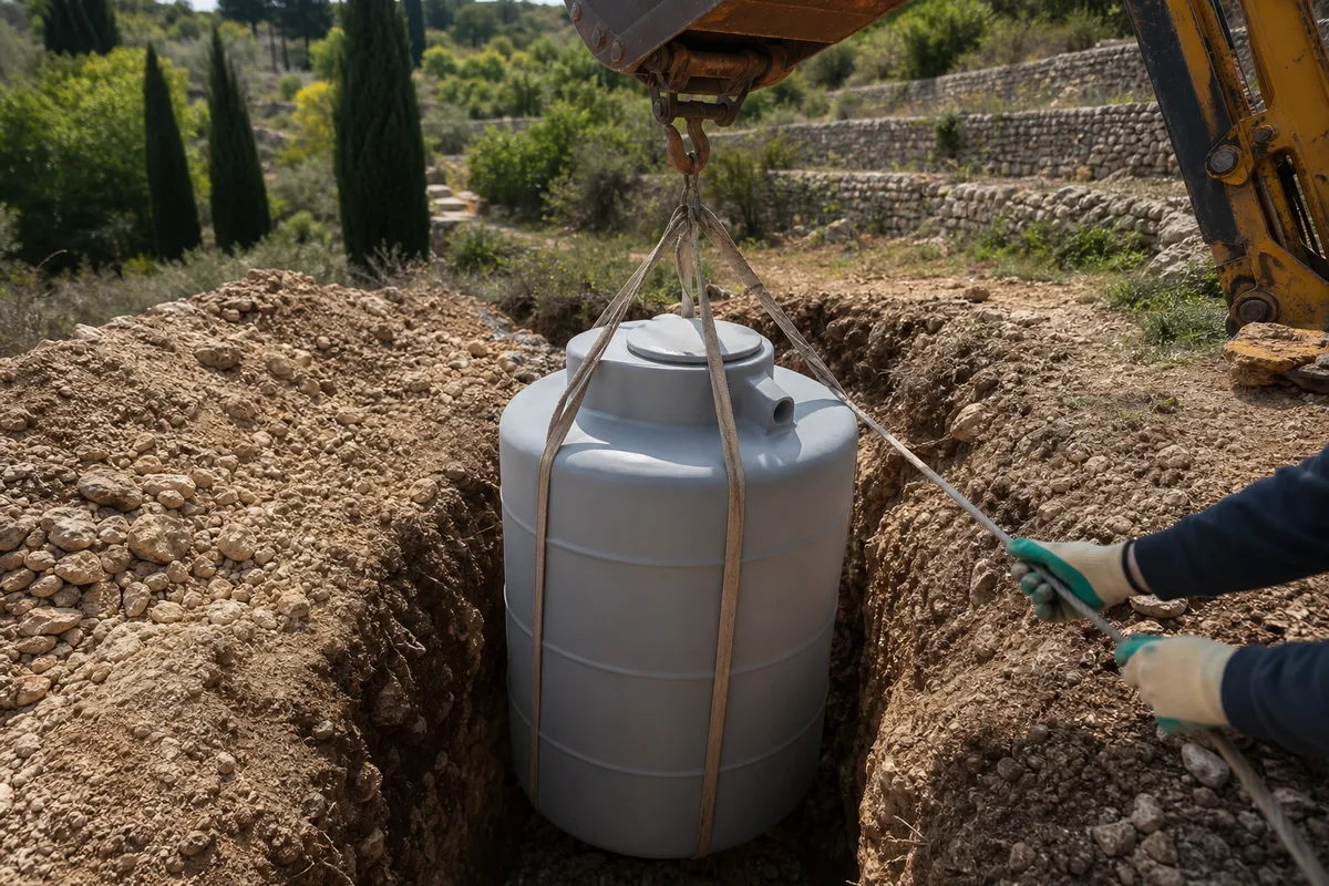 Cuve de filière compacte en cours de pose dans une fouille en terrain caillouteux