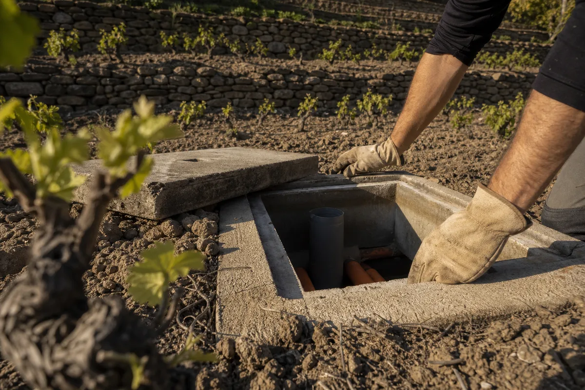 Regard d&rsquo;assainissement ouvert au bord d&rsquo;une parcelle de vignes dans le Biterrois