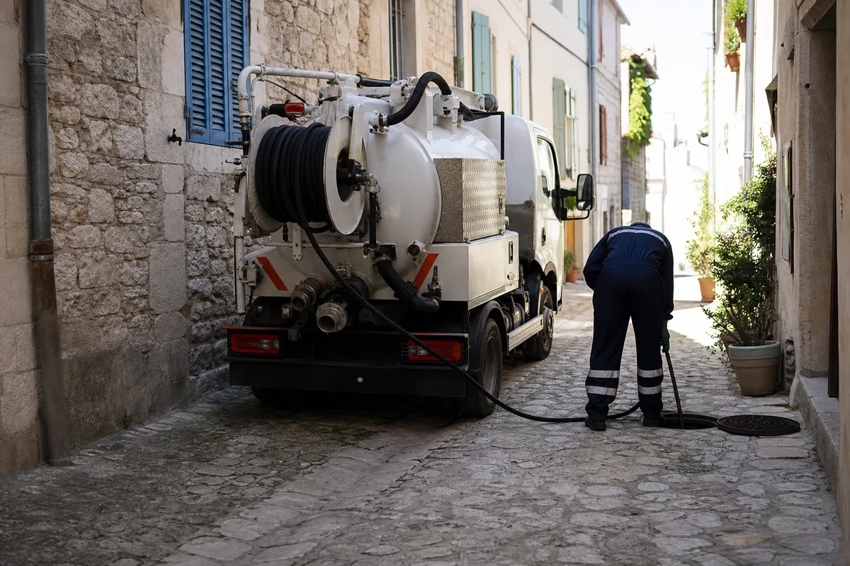 Camion hydrocureur stationné dans une ruelle de village languedocien sous une lumière méditerranéenne