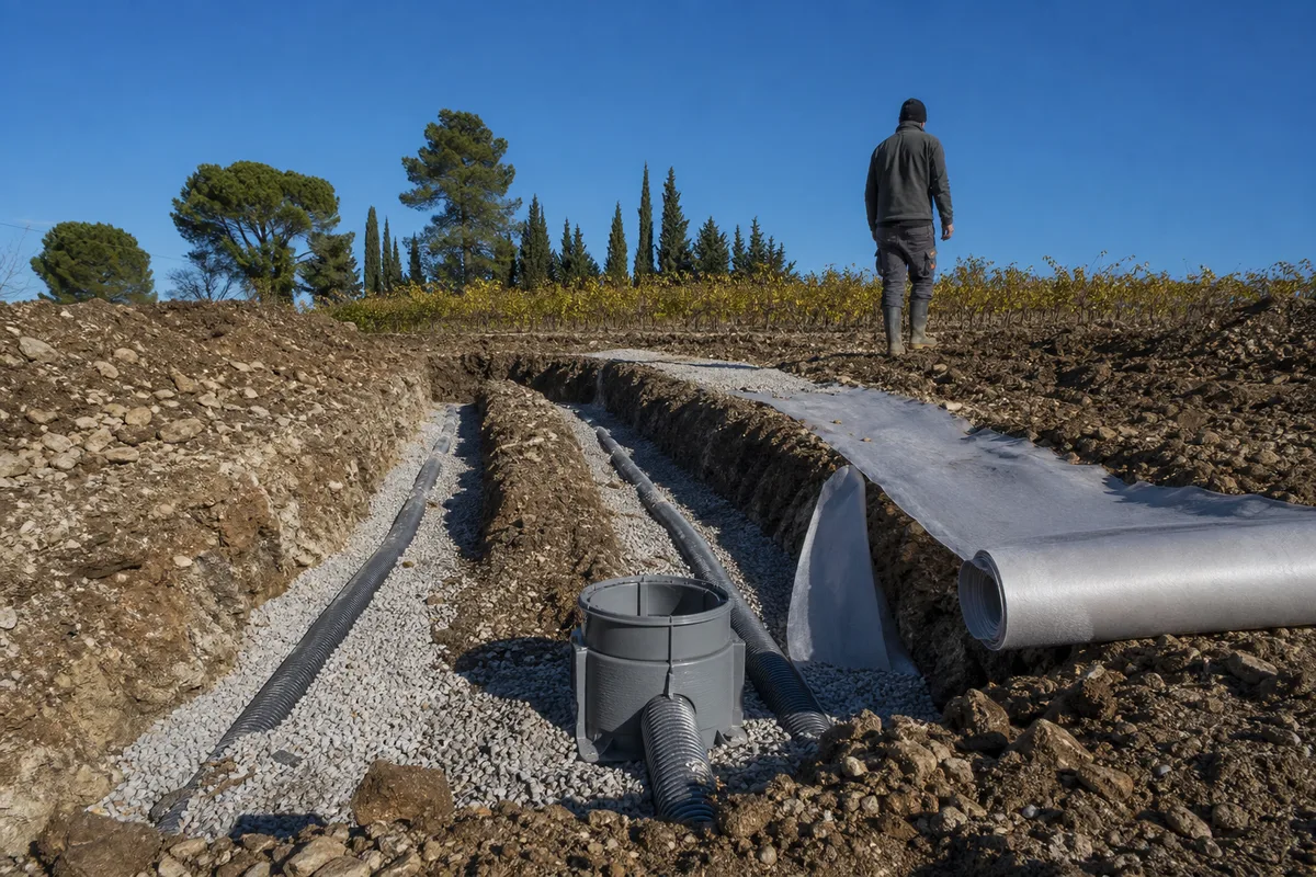 Tranchée d&rsquo;épandage ouverte avec drains et gravier lavé avant remblaiement