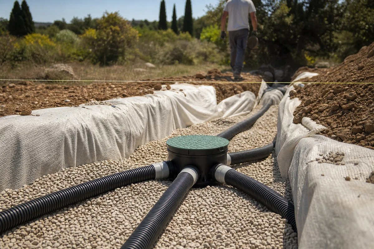 Regard de répartition et drains d&rsquo;épandage ouverts avant remblaiement sur un chantier d&rsquo;assainissement