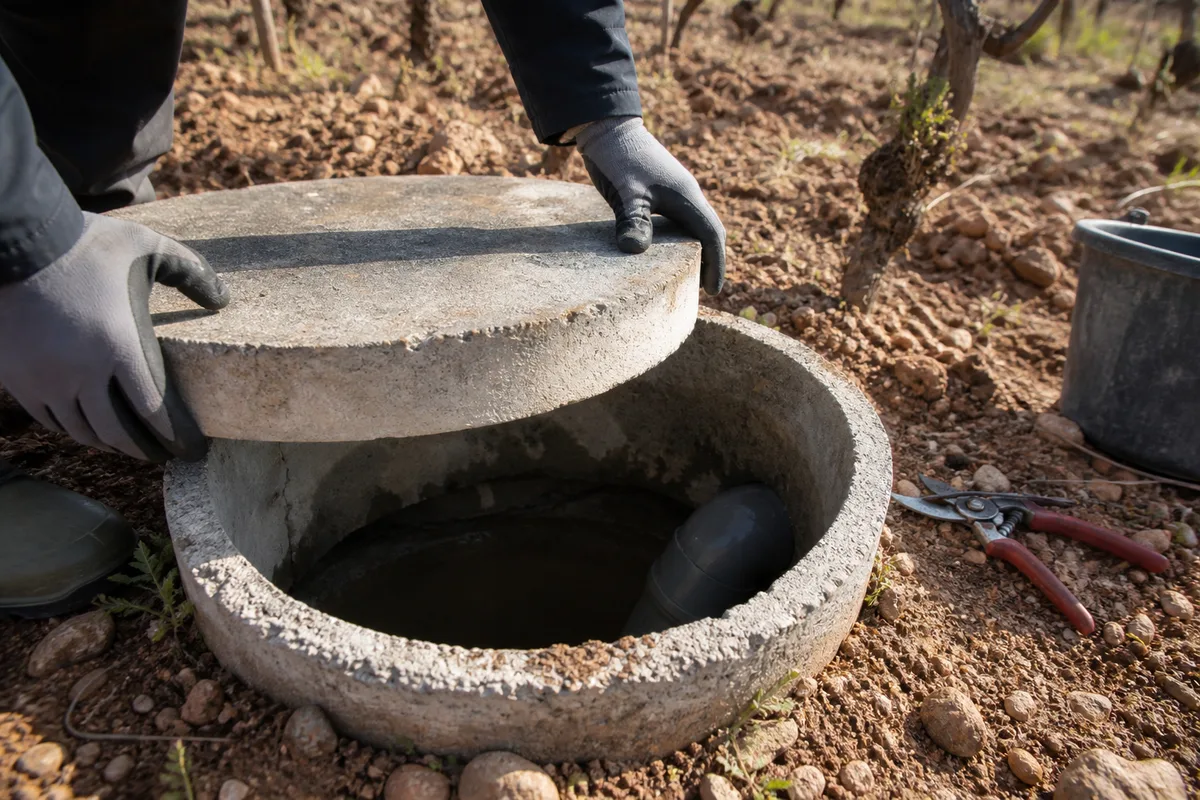 Regard d’assainissement ouvert au bord d’une parcelle de vignes dans le Biterrois