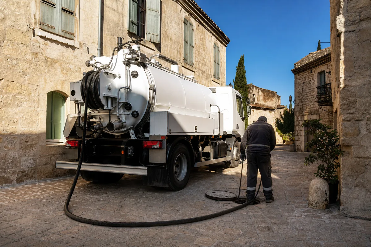 Camion hydrocureur stationné dans une ruelle étroite de village languedocien sous une lumière méditerranéenne