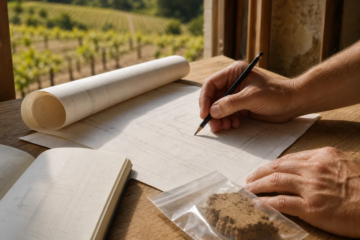 Dossier de demande d&rsquo;installation et plan de masse posés sur une table en bois devant une fenêtre ouverte sur les vignes