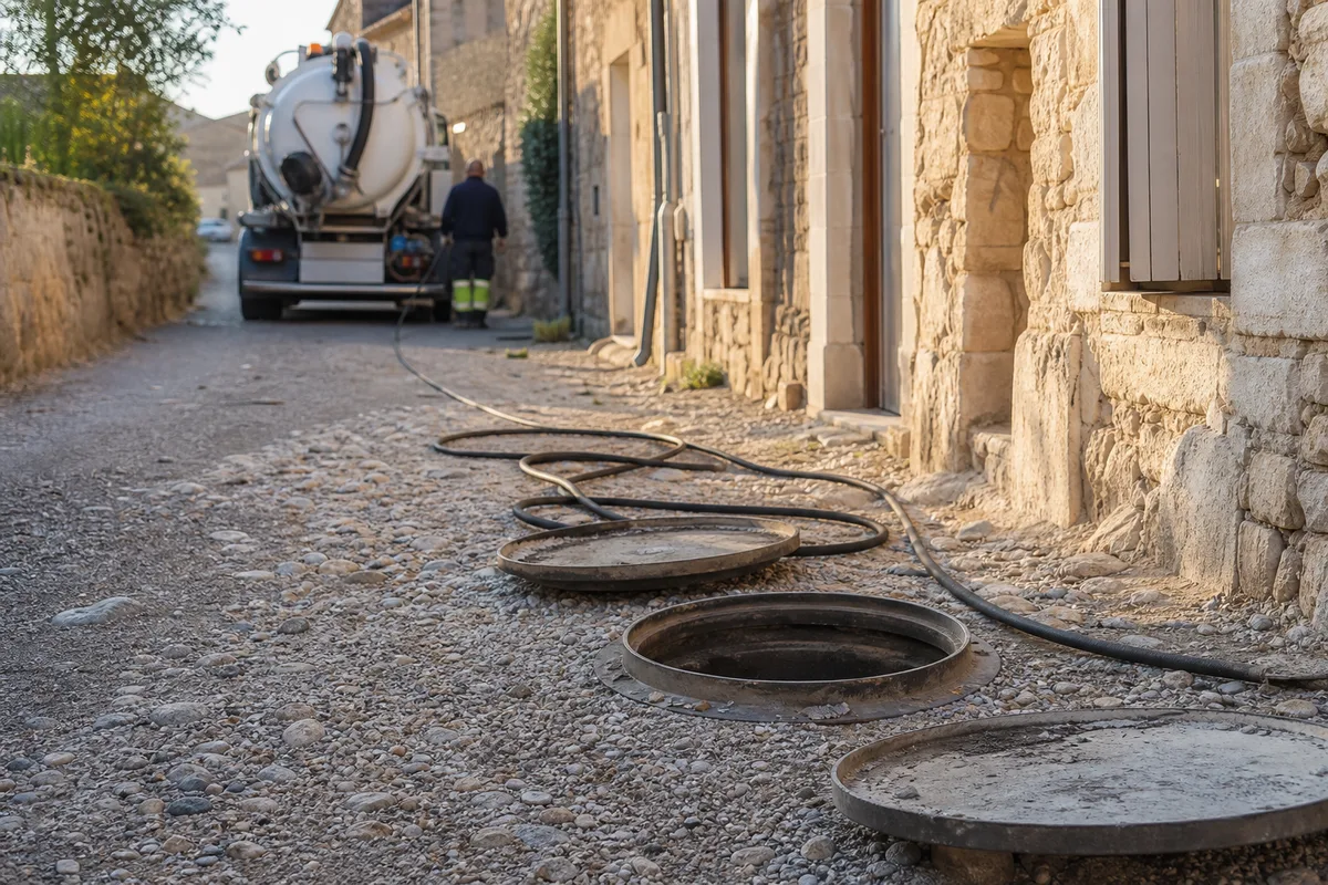 Regards d&rsquo;assainissement ouverts dans une cour caillouteuse de village languedocien, camion hydrocureur en arrière-plan