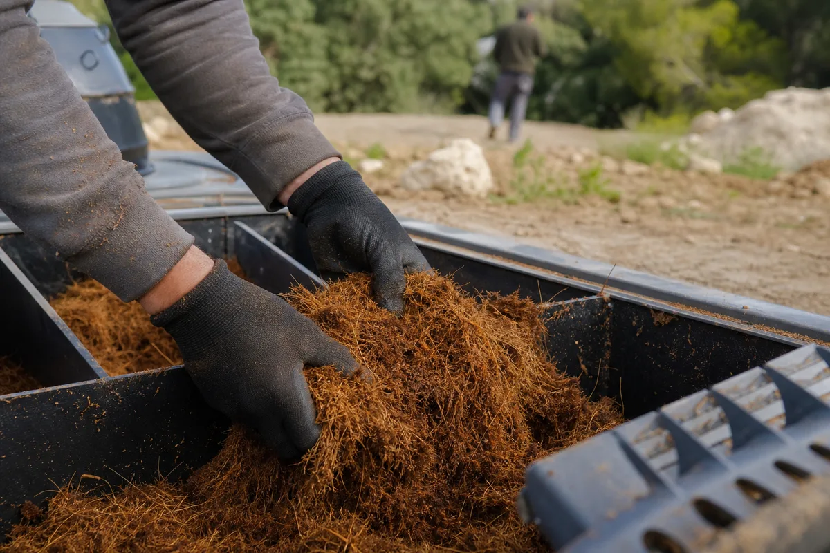 Cuve d&rsquo;assainissement compacte fraîchement posée dans une fouille bordée de vignes du Biterrois