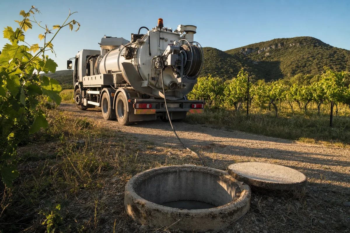 Camion hydrocureur stationné le long d&rsquo;un chemin de vigne, regard de visite ouvert au premier plan