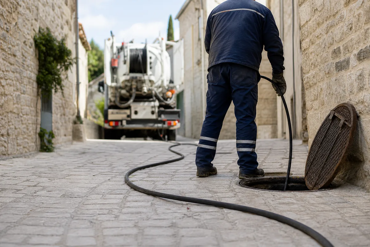 Regard de relevage et flexible d&rsquo;hydrocurage dans une cour de village viticole sous la lumière du Midi