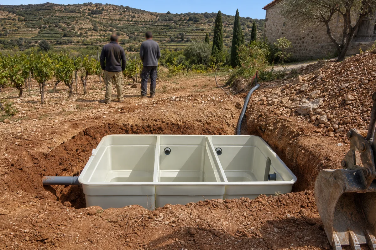 Cuve de micro-station à trois compartiments descendue dans une fouille au bord d&rsquo;une vigne du Biterrois