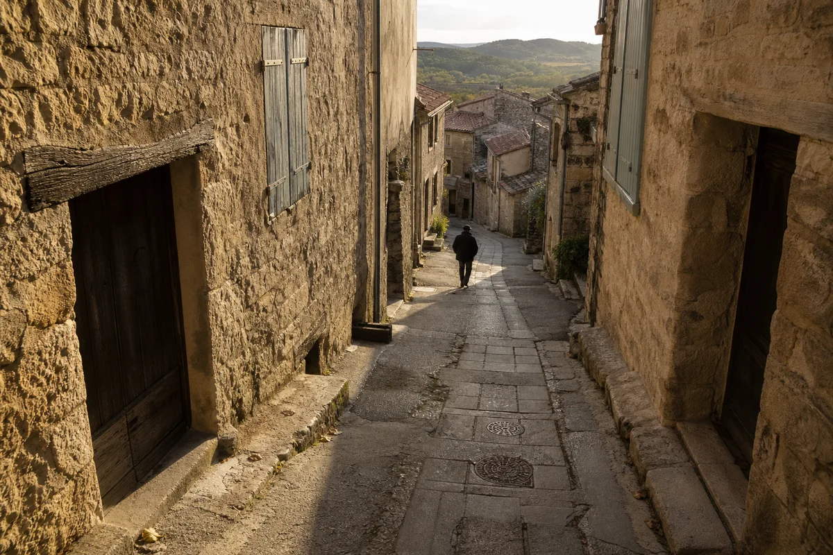 Ruelle en pente d&rsquo;un village viticole des hauts cantons de l&rsquo;Hérault avec maisons en contrebas de la chaussée