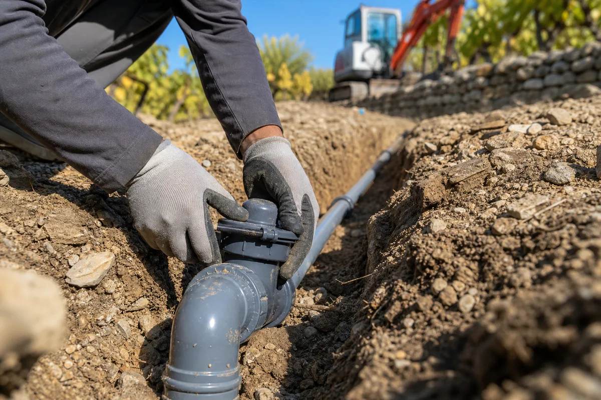 Tranchée ouverte pour une conduite de refoulement d&rsquo;assainissement en bordure de vigne dans le Saint-Chinianais