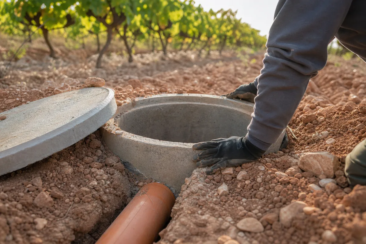 Regard d&rsquo;assainissement ouvert au bord d&rsquo;une parcelle de vigne dans la plaine du Biterrois