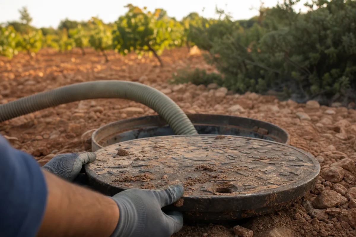 Regard d&rsquo;assainissement ouvert au bord d&rsquo;une parcelle de vigne, tuyau d&rsquo;aspiration posé au sol sous la lumière méditerranéenne